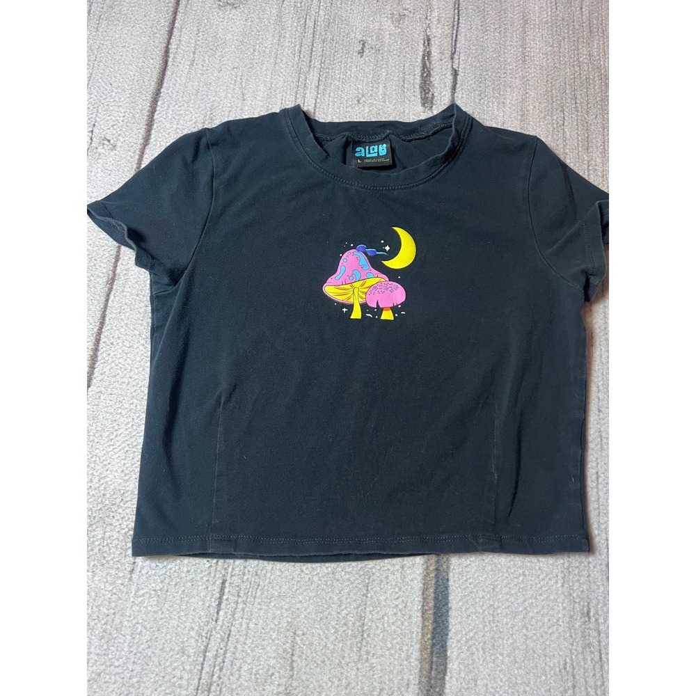 Y2K A-Lab Black‎ Mushroom Moon Graphic Baby Tee Junior Large Short Sleeve